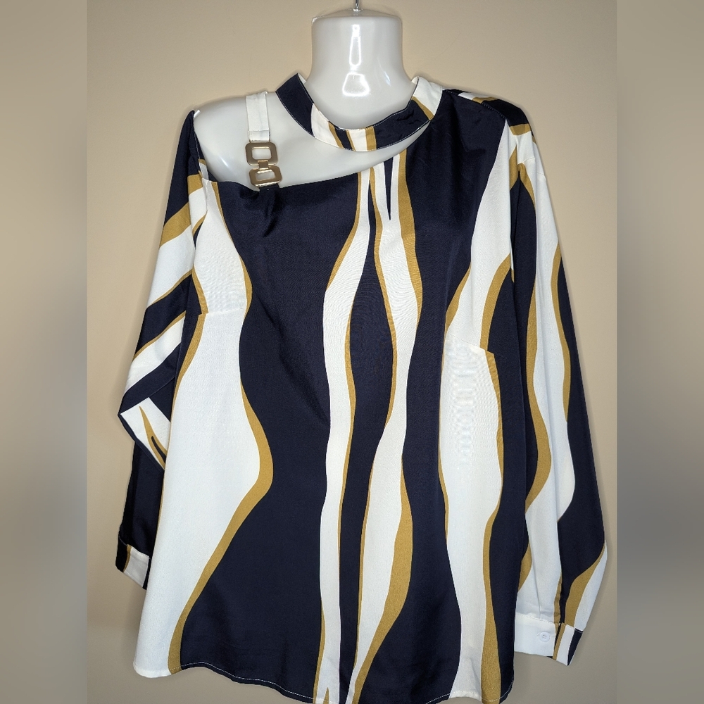 Shein Curve Cold Shoulder Gold Accent Long Sleeve Blouse